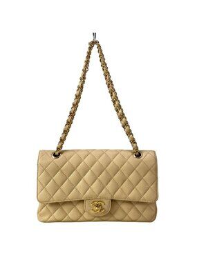 Chanel Shoulder Bag Double Flap Quilted Beige Chain Gold